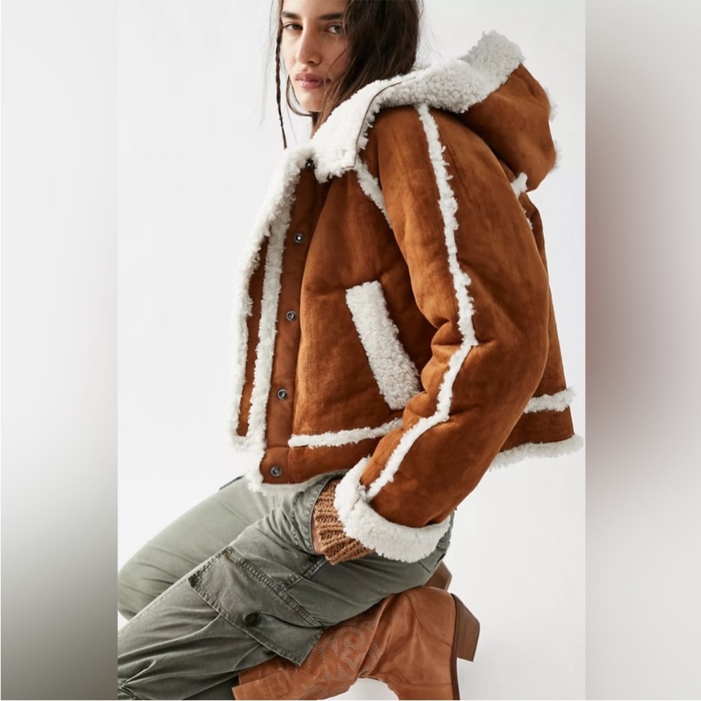 Free People Vegan Exchange Shearling Sherpa Cozy Hooded Jacket Faux Suede Coat